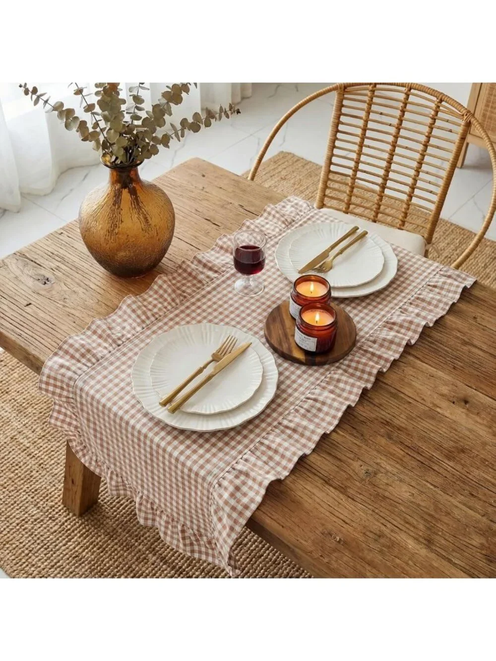 Brown Plaid Gingham Ruffle Table Runner 118x13.8'' - Farmhouse Rustic Decor